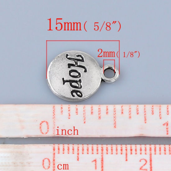 Picture of Zinc Based Alloy Charms Round Disc Antique Silver Color Message "Hope" Carved 15mm x 12mm( 5/8"x 4/8"), 50 PCs