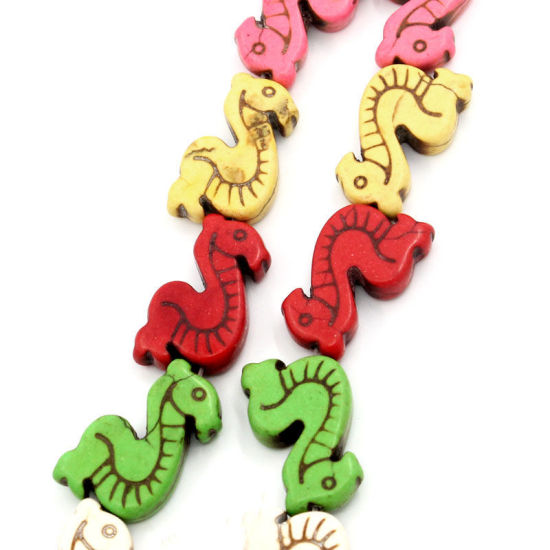 Bild von Ozean Schmuck (Klasse D) Howlith Imitat Türkis Perlen Seepferdchen Mix Farben 30mm x 18mm, Loch: 2mm, 36cm lang, 13 Stücke/Strang, 1 Strang