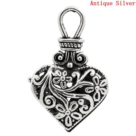 Picture of Charm Pendants Heart Antique Silver Color Hollow Flower Carved 31x19mm,10PCs
