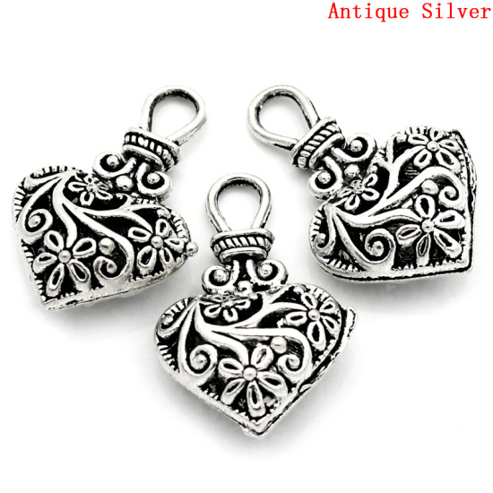 Picture of Charm Pendants Heart Antique Silver Color Hollow Flower Carved 31x19mm,10PCs