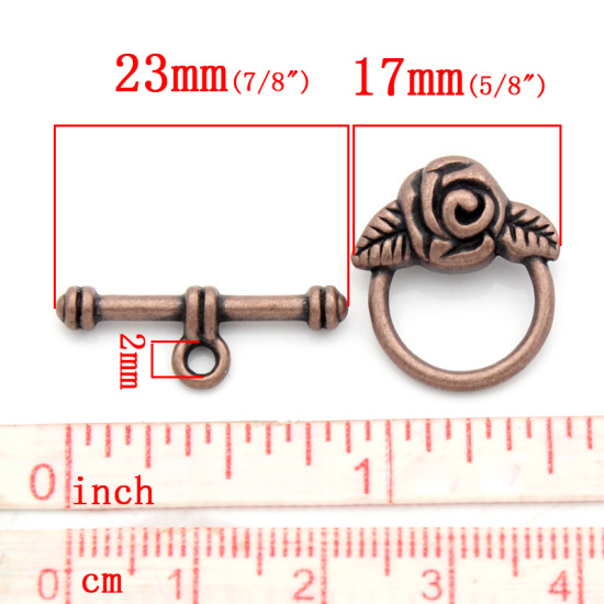 Picture of Zinc Based Alloy Toggle Clasps Round Antique Copper Flower Carved 19mm x 17mm 23mm x 7mm, 20 Sets