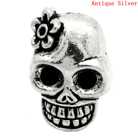 Perles en Alliage de Zinc Jour des Morts Crâne Mexicain Argent Antique Fleurs Gravé 20mm x 13mm, Taille de Trou: 10mm x 7mm, 10 Pcs