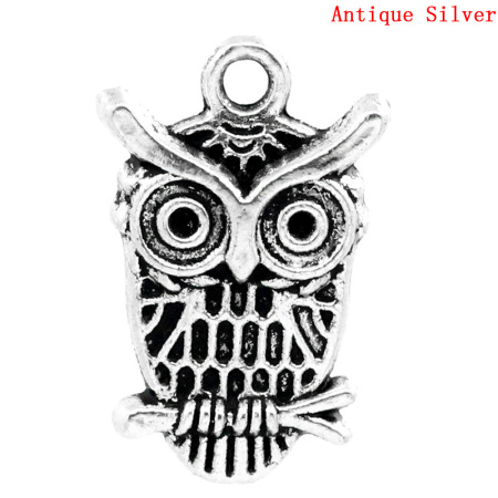 Picture of Zinc Based Alloy Halloween Charms Owl Animal Antique Silver Color (Can Hold ss4 Rhinestone) 23mm( 7/8") x 15mm( 5/8"), 30 PCs