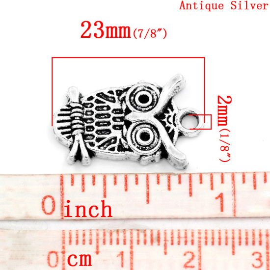 Picture of Zinc Based Alloy Halloween Charms Owl Animal Antique Silver Color (Can Hold ss4 Rhinestone) 23mm( 7/8") x 15mm( 5/8"), 30 PCs
