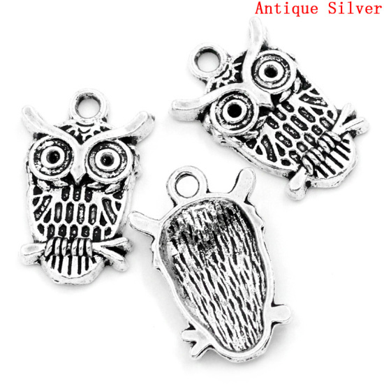 Picture of Zinc Based Alloy Halloween Charms Owl Animal Antique Silver Color (Can Hold ss4 Rhinestone) 23mm( 7/8") x 15mm( 5/8"), 30 PCs