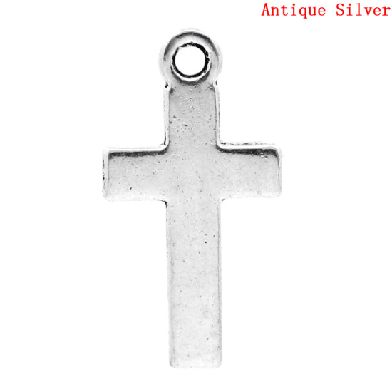 Immagine di Lega di Zinco Charm Ciondoli Croce Argento Antico Nulla Disegno 25.0mm x 13.0mm, 50 Pz