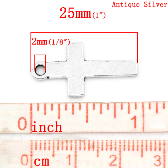 Immagine di Lega di Zinco Charm Ciondoli Croce Argento Antico Nulla Disegno 25.0mm x 13.0mm, 50 Pz