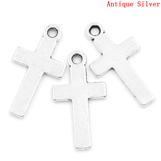 Immagine di Lega di Zinco Charm Ciondoli Croce Argento Antico Nulla Disegno 25.0mm x 13.0mm, 50 Pz