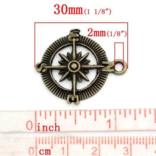 Picture of Zinc Based Alloy Pendants Travel Compass Antique Bronze 30mm(1 1/8") x 25mm(1"), 30 PCs