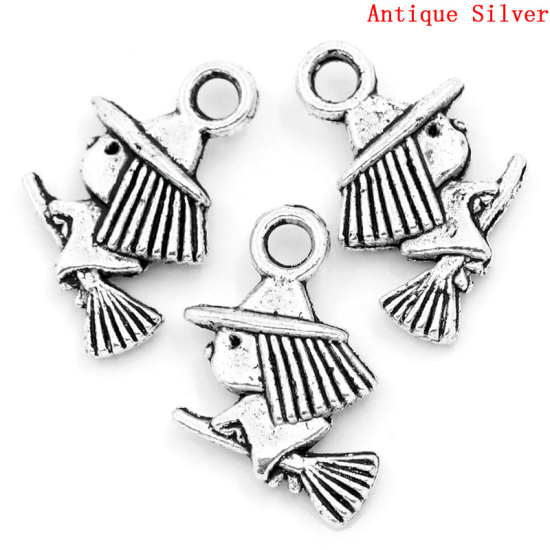 Bild von Zinklegierung Charm Anhänger Halloween Hexe & Besen Antik Silber 13mmx10mm, 50 Stücke