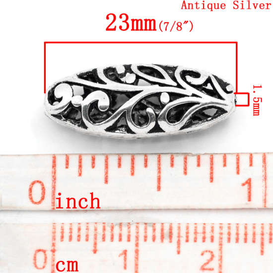Immagine di Lega di Zinco Separatori Perline Ovale Argento Antico Hollow Disegno Circa 23.0mm x 10.0mm, Foro:Circa 1.5mm, 20 Pz