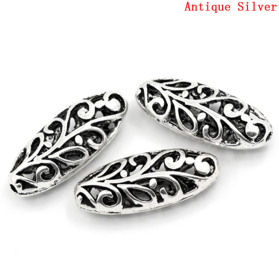 Immagine di Lega di Zinco Separatori Perline Ovale Argento Antico Hollow Disegno Circa 23.0mm x 10.0mm, Foro:Circa 1.5mm, 20 Pz