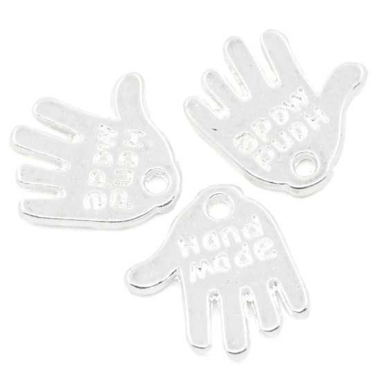 Image de Breloques en Alliage de Zinc Main Argenté Gravé Mots "Hand Made",13mmx11mm, 100 Pcs