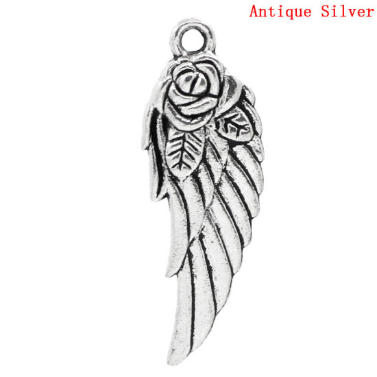 Picture of Zinc Based Alloy Pendants Angel Wing Antique Silver Color Flower Carved 31mm(1 2/8") x 11mm( 3/8"), 30 PCs