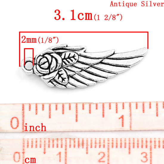 Picture of Zinc Based Alloy Pendants Angel Wing Antique Silver Color Flower Carved 31mm(1 2/8") x 11mm( 3/8"), 30 PCs
