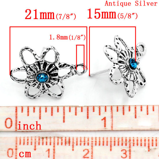 Immagine di 30 Pz Lega di Zinco Orecchino a Bottone per Orecchio con Accessori per Connettori ad Anello Tappi di Orecchini Fiore Argento Antico Filigrana Blu Strass 21mm x 15mm