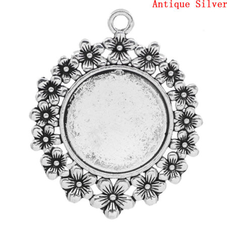 Zinc Based Alloy Cabochon Setting Pendants Round Disc Flower Antique Silver Color (Fits 25mm Dia.) 5.2cm x 4.2cm, 5 PCs