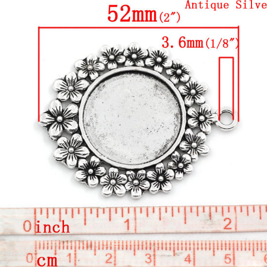 Picture of Zinc Based Alloy Cabochon Setting Pendants Round Flower Antique Silver Color (Fits 25mm Dia.) 5.2cm x 4.2cm, 5 PCs