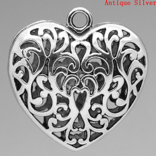 Picture of Zinc Metal Alloy 3D Pendants Heart Antique Silver Color Flower Hollow Carved 5.1cm(2") x 5cm(2"), 3 PCs