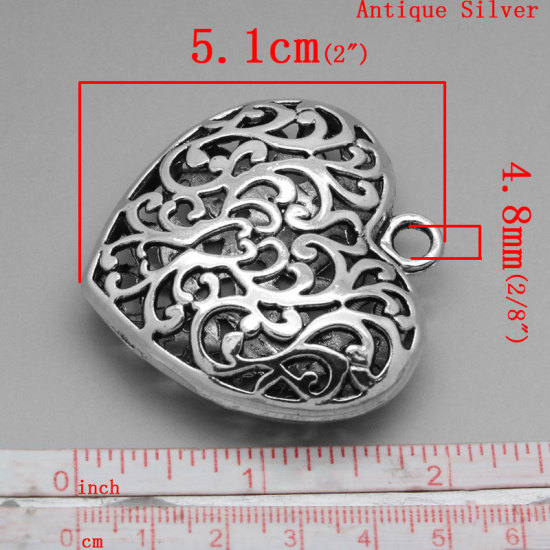 Picture of Zinc Metal Alloy 3D Pendants Heart Antique Silver Color Flower Hollow Carved 5.1cm(2") x 5cm(2"), 3 PCs