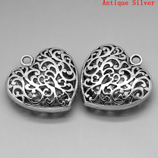 Picture of Zinc Metal Alloy 3D Pendants Heart Antique Silver Color Flower Hollow Carved 5.1cm(2") x 5cm(2"), 3 PCs