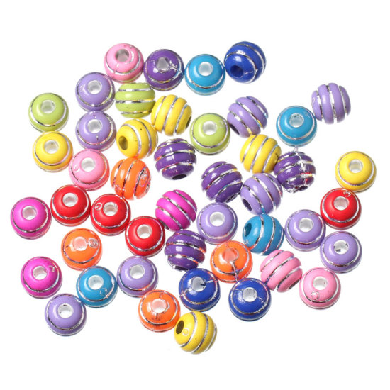 Picture of Acrylic Silver Accent Bubblegum Beads Ball At Random Mixed Stripe Carved About 7mm Dia, Hole: Approx 2.4mm, 500 PCs