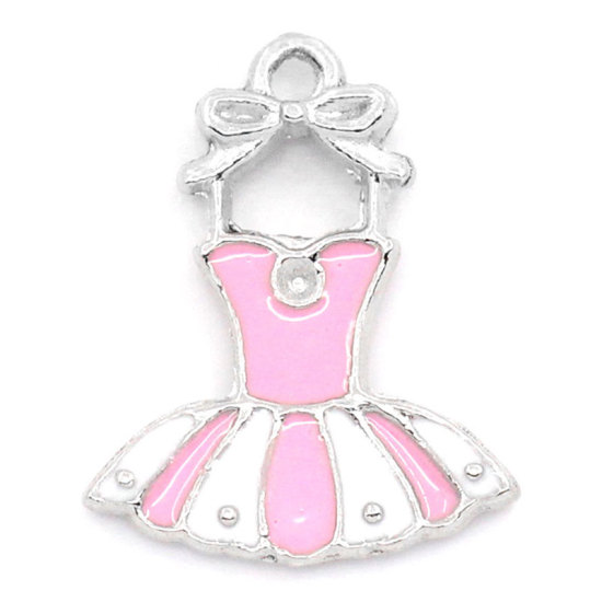 Picture of Zinc Based Alloy Charms Dress Silver Tone Pink & White Enamel 21mm( 7/8") x 16mm( 5/8"), 10 PCs