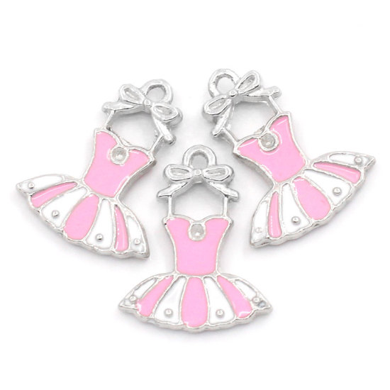 Picture of Zinc Based Alloy Charms Dress Silver Tone Pink & White Enamel 21mm( 7/8") x 16mm( 5/8"), 10 PCs