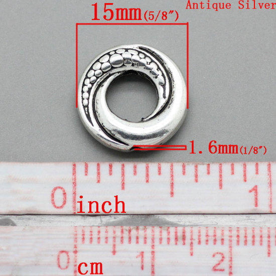 亜鉛合金 スペーサ ビーズ 円形 銀古美 約15mm 直径、 　穴：約1.6mm、 50 PCs の画像