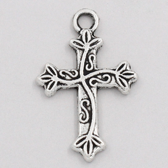 Picture of Zinc Based Alloy Easter Charms Cross Antique Silver Color Flower Vine Carved 25mm(1") x 16mm( 5/8"), 50 PCs