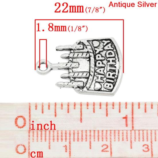 Picture of Zinc Based Alloy Charms Cake Antique Silver Color Message "Happy Birthday" Carved 22mm x 15mm( 7/8"x 5/8"), 30 PCs