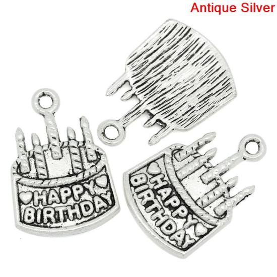 Picture of Zinc Based Alloy Charms Cake Antique Silver Color Message "Happy Birthday" Carved 22mm x 15mm( 7/8"x 5/8"), 30 PCs