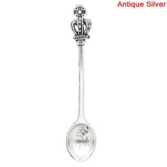 Picture of Zinc Metal Alloy 3D Pendants Spoon Tableware Antique Silver Color Crown Carved 59mm(2 3/8") x 12mm( 4/8"), 10 PCs