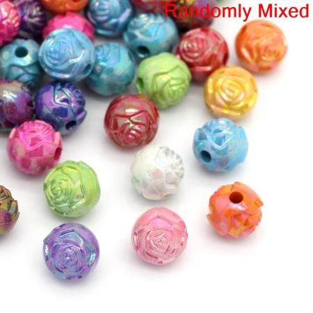 Acrylic Bubblegum Beads Round At Random Mixed AB Color Flower Carved About 8mm Dia, Hole: Approx 1.8mm, 200 PCs