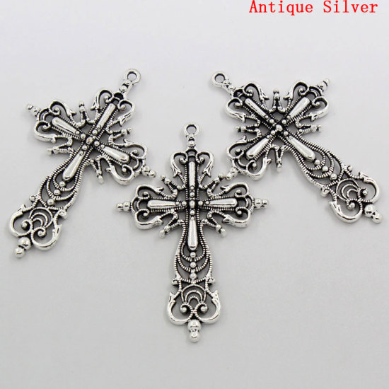 Picture of Charm Pendants Cross Antique Silver Color Hollow Pattern Carved 6.4x4.2cm,5PCs