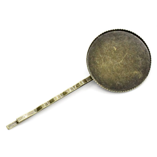 Picture of Copper Bobby Pins Hair Grips Clips Round Antique Bronze Cabochon Setting (Fits 25mm Dia.) 6.4cm x 2.6cm, 2 PCs