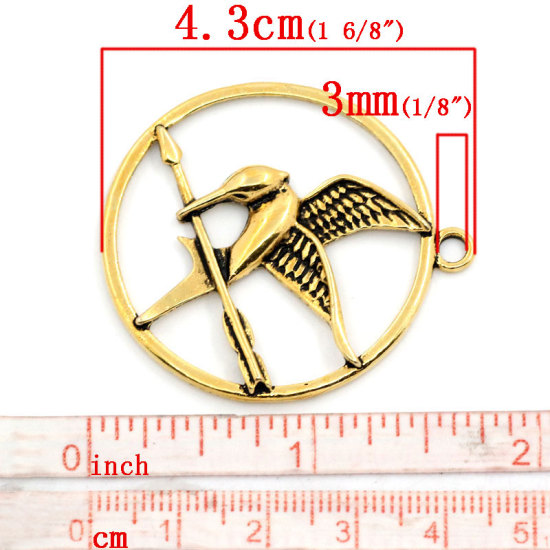 Picture of Zinc Based Alloy Pendant Round Gold Tone Antique Gold Animal Bird & Arrow Hollow 4.3cm(1 6/8") x 3.8cm(1 4/8"), 10 PCs