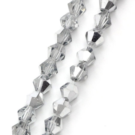 3 Strands (Approx 90 PCs/Strand) Glass Beads For DIY Jewelry Making Bicone Silver Tone Two Tone Transparent Faceted About 4mm x 4mm, Hole: Approx 0.5mm, 36cm(14 1/8") long
