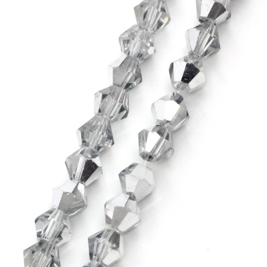 Picture of 3 Strands (Approx 90 PCs/Strand) Glass Beads For DIY Jewelry Making Bicone Silver Tone Two Tone Transparent Faceted About 4mm x 4mm, Hole: Approx 0.5mm, 36cm(14 1/8") long