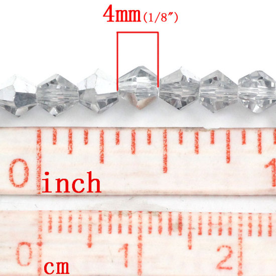 Picture of 3 Strands (Approx 90 PCs/Strand) Glass Beads For DIY Jewelry Making Bicone Silver Tone Two Tone Transparent Faceted About 4mm x 4mm, Hole: Approx 0.5mm, 36cm(14 1/8") long