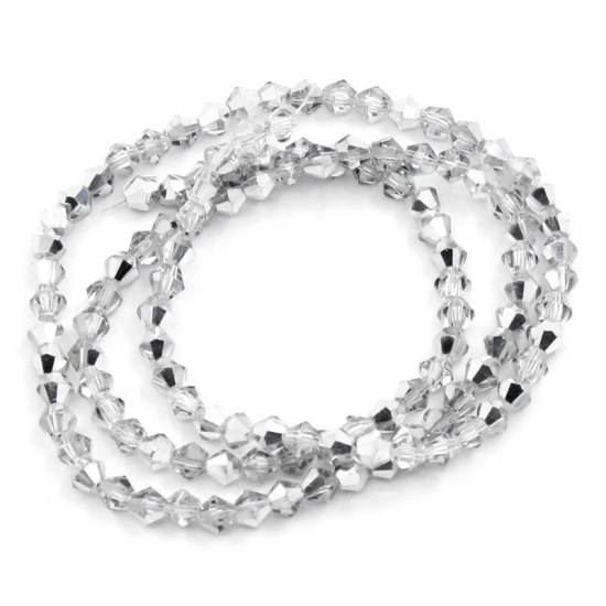 Picture of 3 Strands (Approx 90 PCs/Strand) Glass Beads For DIY Jewelry Making Bicone Silver Tone Two Tone Transparent Faceted About 4mm x 4mm, Hole: Approx 0.5mm, 36cm(14 1/8") long