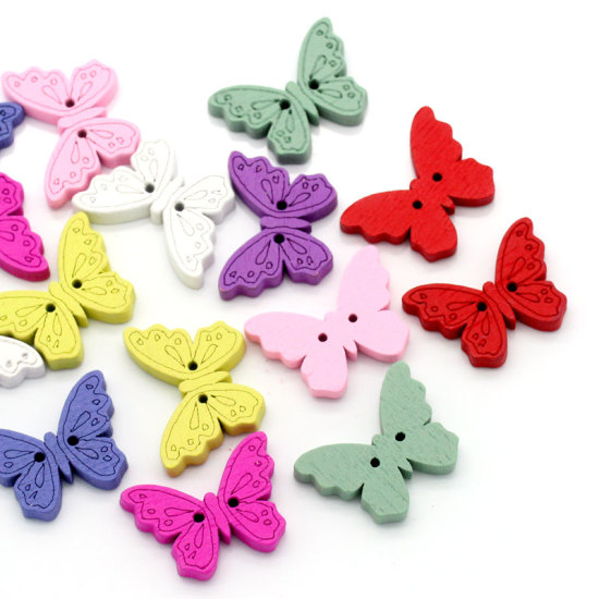 Picture of Natural Wood Sewing Buttons Scrapbooking 2 Holes Butterfly At Random Mixed 24mm(1") x 18mm( 6/8"), 100 PCs