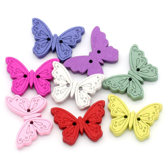 Picture of Natural Wood Sewing Buttons Scrapbooking 2 Holes Butterfly At Random Mixed 24mm(1") x 18mm( 6/8"), 100 PCs