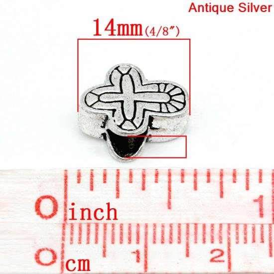 Immagine di Lega di Zinco Stile Europeo Perline Croce Argento Antico Circa 14.0mm x 11.0mm, Foro: Circa 4.8mm, 20 Pz