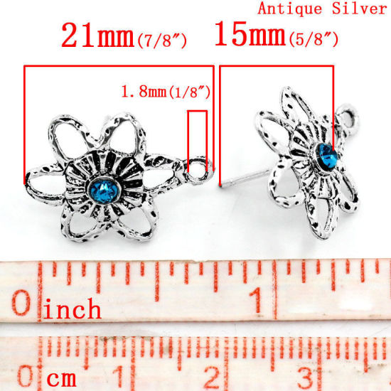 Immagine di 30 Pz Lega di Zinco Orecchino a Bottone per Orecchio con Accessori per Connettori ad Anello Tappi di Orecchini Fiore Argento Antico Filigrana Blu Strass 21mm x 15mm