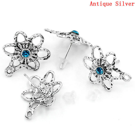 Immagine di 30 Pz Lega di Zinco Orecchino a Bottone per Orecchio con Accessori per Connettori ad Anello Tappi di Orecchini Fiore Argento Antico Filigrana Blu Strass 21mm x 15mm