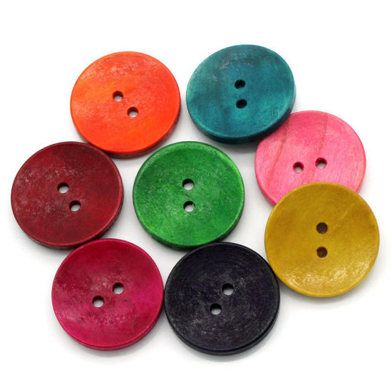 Image de Bouton de Couture en Bois Naturel 2 Trous Rond Couleur au Hasard 3cm Dia, 500 PCs