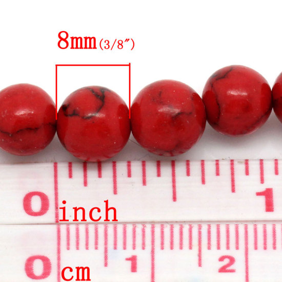 Picture of (Grade D) Howlite Imitated Red Turquoise Loose Beads Round Crackle About 8mm( 3/8") Dia, Hole: Approx 1mm, 40cm(15 6/8") long, 2 Strands (Approx 51 PCs/Strand)