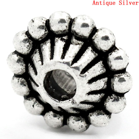 Immagine di Lega di Zinco Separatori Perline Tondo Argento Antico Polka Dot Disegno Circa 11mm Dia, Foro:Circa 3.0mm, 50 Pz