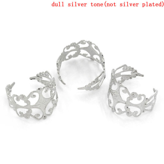 Bild von Zinklegierung Einstellbar Ring Rund Silberfarbe , mit Blumen Filigran Muster, 19.1mm, 2 Stücke